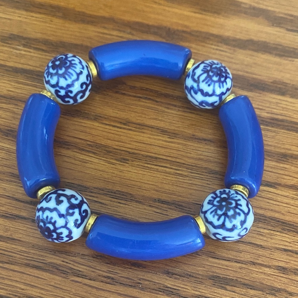 Blue and White Ceramic Bead Stretchy Bracelet